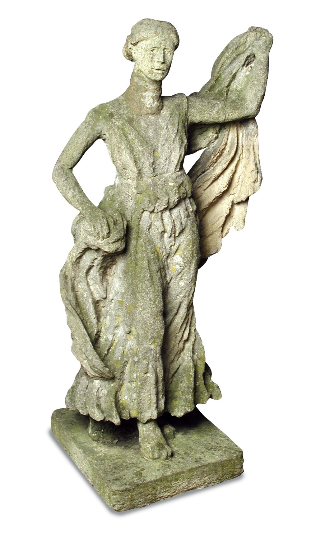 A late 18th / early 19th century composite stone statue of a neo-classical maiden, standing with