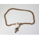 A 9ct gold fancy curb link fob watch chain, 38cm, suspended with a small unmarked Masonic ball cross