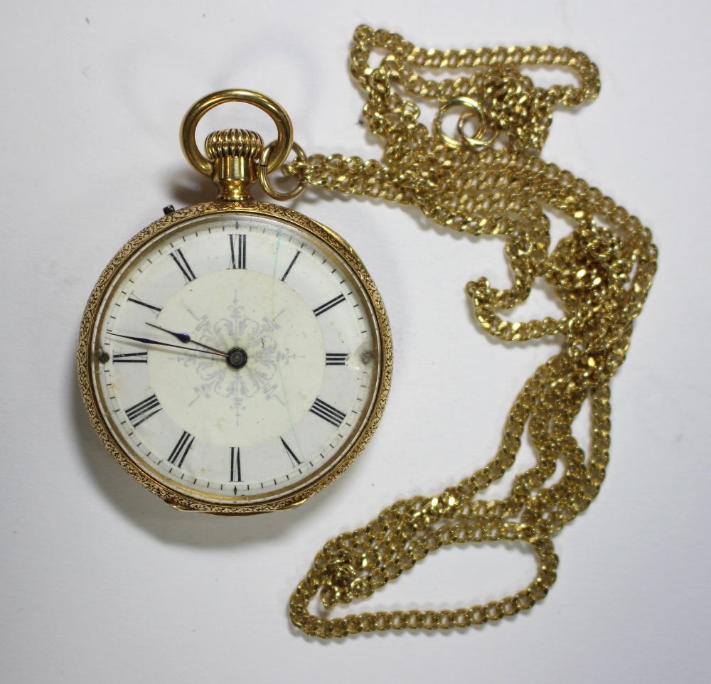 Unsigned - a lady's 18ct gold open face fob watch, the two shade white dial printed with Roman