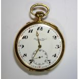International Watch Company, Schaffhausen - an 18 carat gold open faced pocket watch, A white enamel