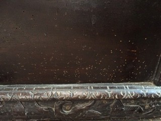An early 17th century Continental carved wood cassonne, with plain panel top, carved panel front - Image 4 of 8