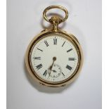 Unsigned - A lady's 18ct gold open faced fob watch, the white dial printed with Roman numerals,