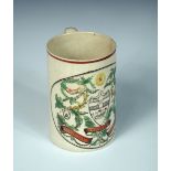 A 'Friendly Society of Shipwrights' cream ware mug, possibly Liverpool, the Shipwright's arms