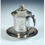 A late 19th/early 20th century Ottoman silver sahlep cup and cover, with saucer, tughra mark from