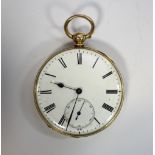 A gentleman's gold open face pocket watch, white enamel dial printed in black with Roman numerals,
