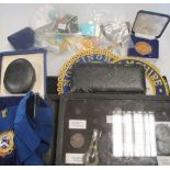 A quantity of Masonic and Buffalo medals, to include two silver medals vaious coins and a collection