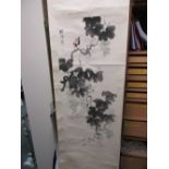 A 20th century Chinese scroll painted with birds, bees and a grapevine, by 'Mrs Cheng', 106.5 x 42cm