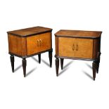 A pair of Italian Art Deco bedside cupboards, the rounded rectangular palisander wood top and