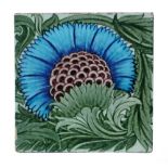 A William De Morgan Late Fulham Period BBB tile, painted in shades of blue, green and aubergine on a