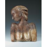 A Continental terracotta bust of a woman, her head looking to one side, brown glazed body,