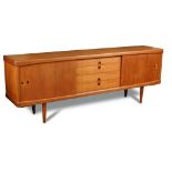 H. W. Klein for Bramin, a teak sideboard, the rounded rectangular top with ebony corner inlays