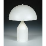 After Vico Magistretti, an Atollo white table lamp and shade, the domed shade to laminated wood base