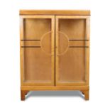 An Art Deco satinwood display cabinet, the rectangular top above a pair of radially glazed doors