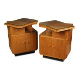 A pair of Art Deco satin birch bedsides, each with pivoting top above single drawer and open