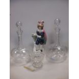 A pair of globe and shaft decanters, a Staffordshire figure and a George III glass salt (4)