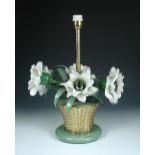 A Murano glass and painted brass 'basket of flowers' table lamp, the basket work base with six cased