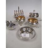 A pair of silver salts, mustard 1935 and toast rack, Armada dish and mustard