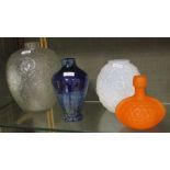 A large Art Deco French glass vase, together with a milk glass vase after Sabino, a blue glass
