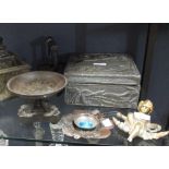 A Regency bronze neoclassical dish top stand on dolphin supports, a gilt mount, box and three