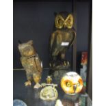 A plaster figure of an owl, a bronze owl bell push, a painted spelter model of an owl and a