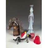 Attributed to Seguso, a glass figure of a king, together with two Murano glass birds, a dachshund, a