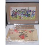 A Chinese painting, 17 x 33cm, together with a small group of hand coloured Chinese prints including