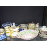 Various pottery and porcelain, to include a pair of Delft fish shape dishes, marked 'EK'; a part