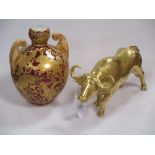A late Victorian Derby gilt claret ground vase together with a Coalport bull (2)