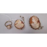 A 9ct mounted oval shell cameo, another similar and a cameo ring (3)