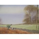 An autumn landscape of a man with dog, watercolour, signed indistinctly, 26 x 47cm
