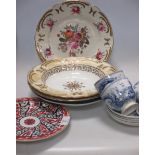 A mid 19th century porcelain plate, painted with flowers, and various other porcelain including blue