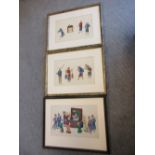 Three 19th century rice paper paintings depicting a dignitary in judgement and the subsequent