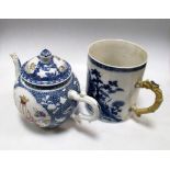A late 18th/early 19th century tea pot, cover and mug, the first painted with quatrefoil famille