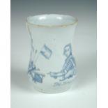 A mid-18th century English Delft blue and white bell shaped mug celebrating 'The King of Prussia',