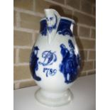 A Leeds type blue and white barrel shaped jug dated 1789 and initialled DD, printed each side of the