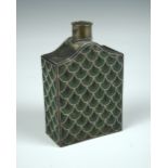 An 18th century beaded brass tea caddy and cover, worked with a white edged fish scale pattern in