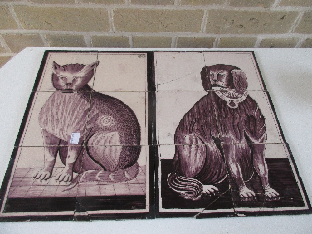 Two sets of six 18th century Delft tiles painted with a seated cat and a dog in manganese, the