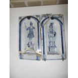 A pair of mid-18th century English Delft blue and white niche tiles, one painted with a lady and the