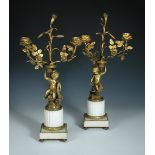 A pair of 19th century ormolu twin light candelabra, each modelled as a putto sitting astride a bird