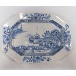 Two mid 18th century Delft blue and white platters, possibly Liverpool, one of the canted