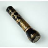 A gold mounted 18th/19th century Japanese black lacquer needle and thimble case, the cylindrical