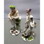 A pair of Meissen figures of a shepherd and shepherdess, he playing with a pipe leaning on a tree