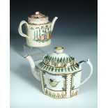 A late 18th century Greatbatch type creamware tea pot and a later Pratt ware tea pot with covers,