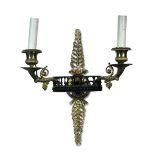 A pair of gilt metal two branch wall lights with anthemion brackets (2)