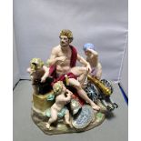 A mid 19th century Meissen group of Vulcan and four putti at his forge, the crowned god seated