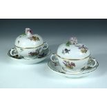 A pair of Meissen ecuelles with floral decoration, the lids with floral finials, with double