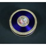 A late 18th/early 19th century French gold and blue enamel circular powder box, marks very