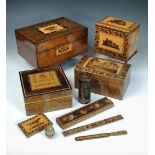 A collection of mostly 19th century Tunbridge ware, comprising a work box, a table cabinet inlaid
