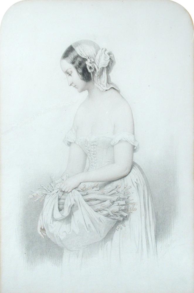 Julien Vallou de Villeneuve (French, 1795-1866), A Young Girl in a lace dress and scarf carrying a