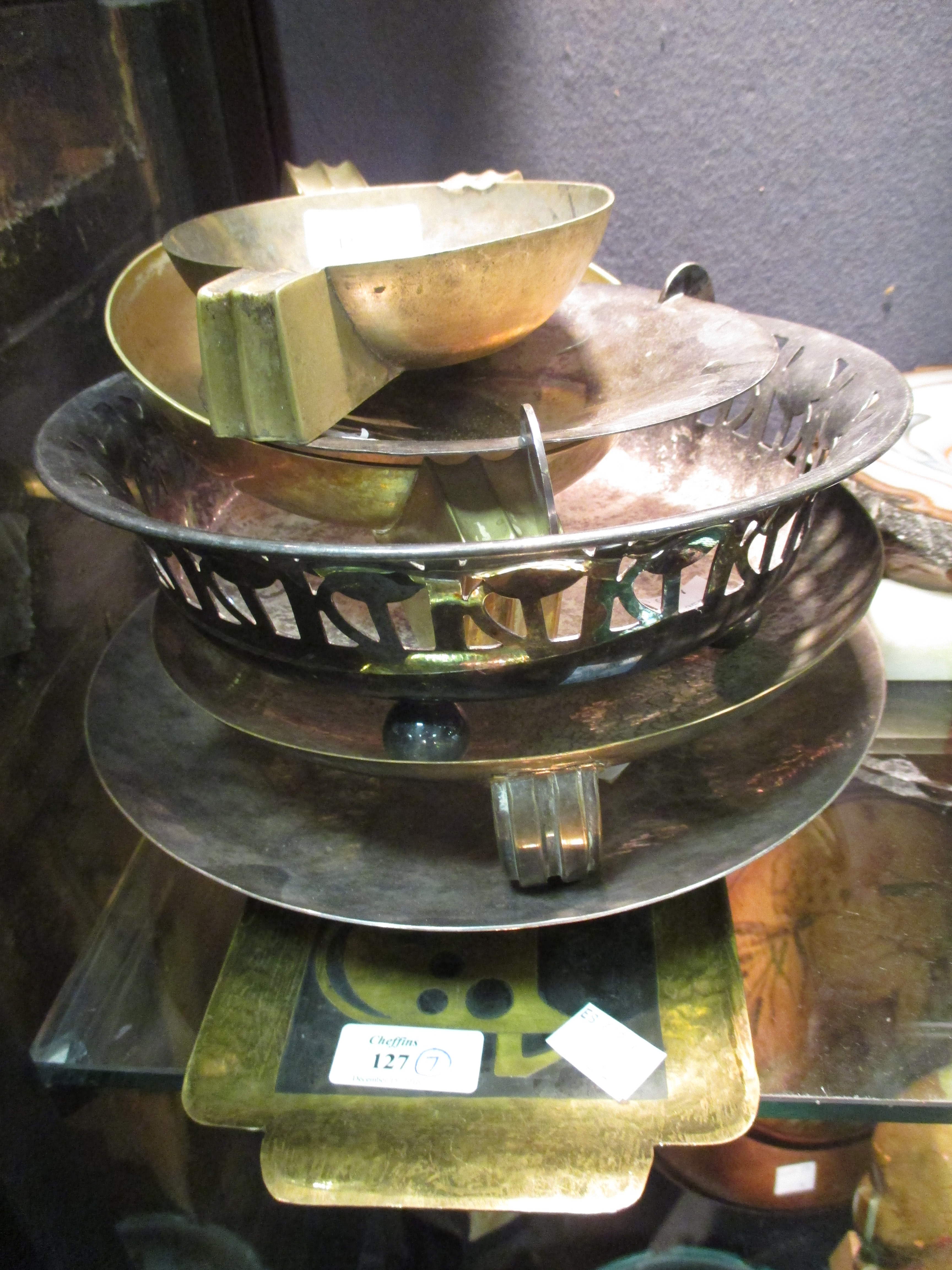 Hagenhaur hammered bowl, a bowl after a design by J Hoffman, a Steinlin tray and four other Deco
